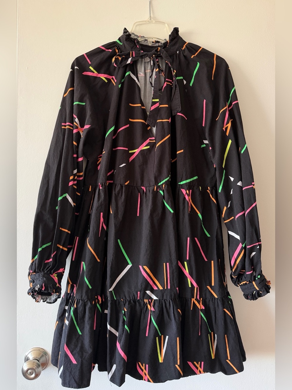 ASOS Cotton Tiered Mini Smock Dress Neon Confetti Tie Neck Long Sleeve US 12